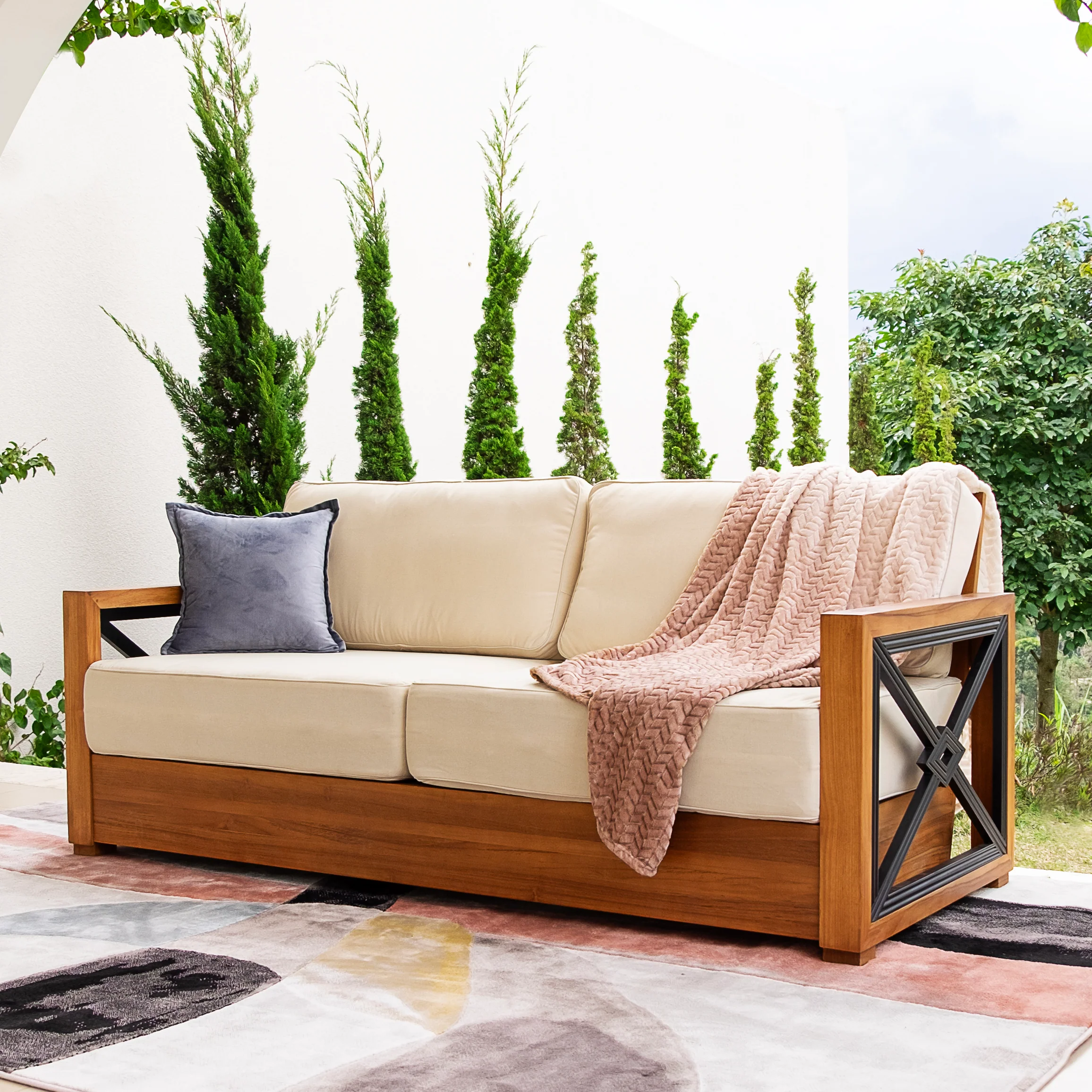 Provence Teak Wood Patio Sofa with Ivory Cushion - Image 6