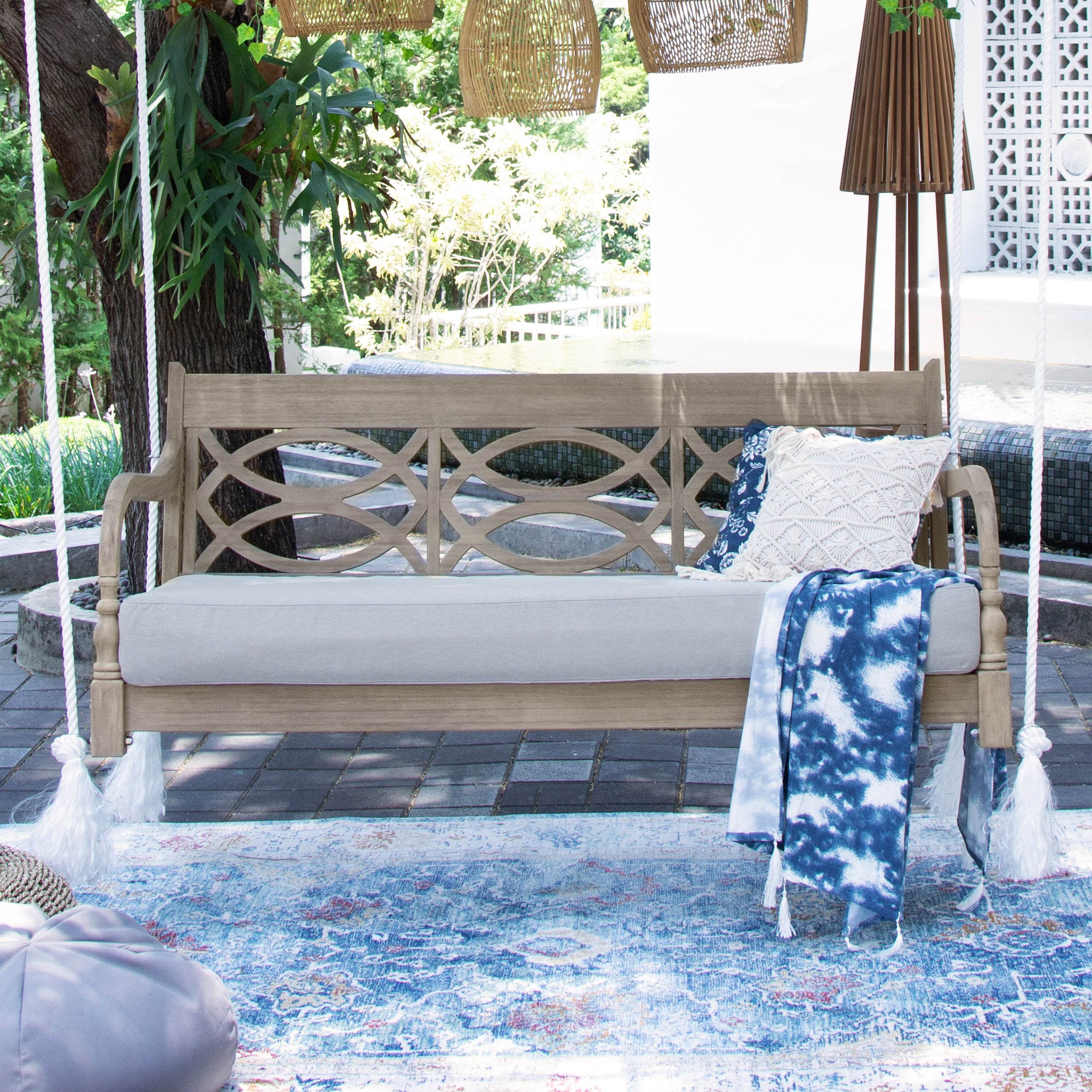 Renley Mahogany Wood Lime Wash Outdoor Swing Daybed with Oyster Cushion - Image 3