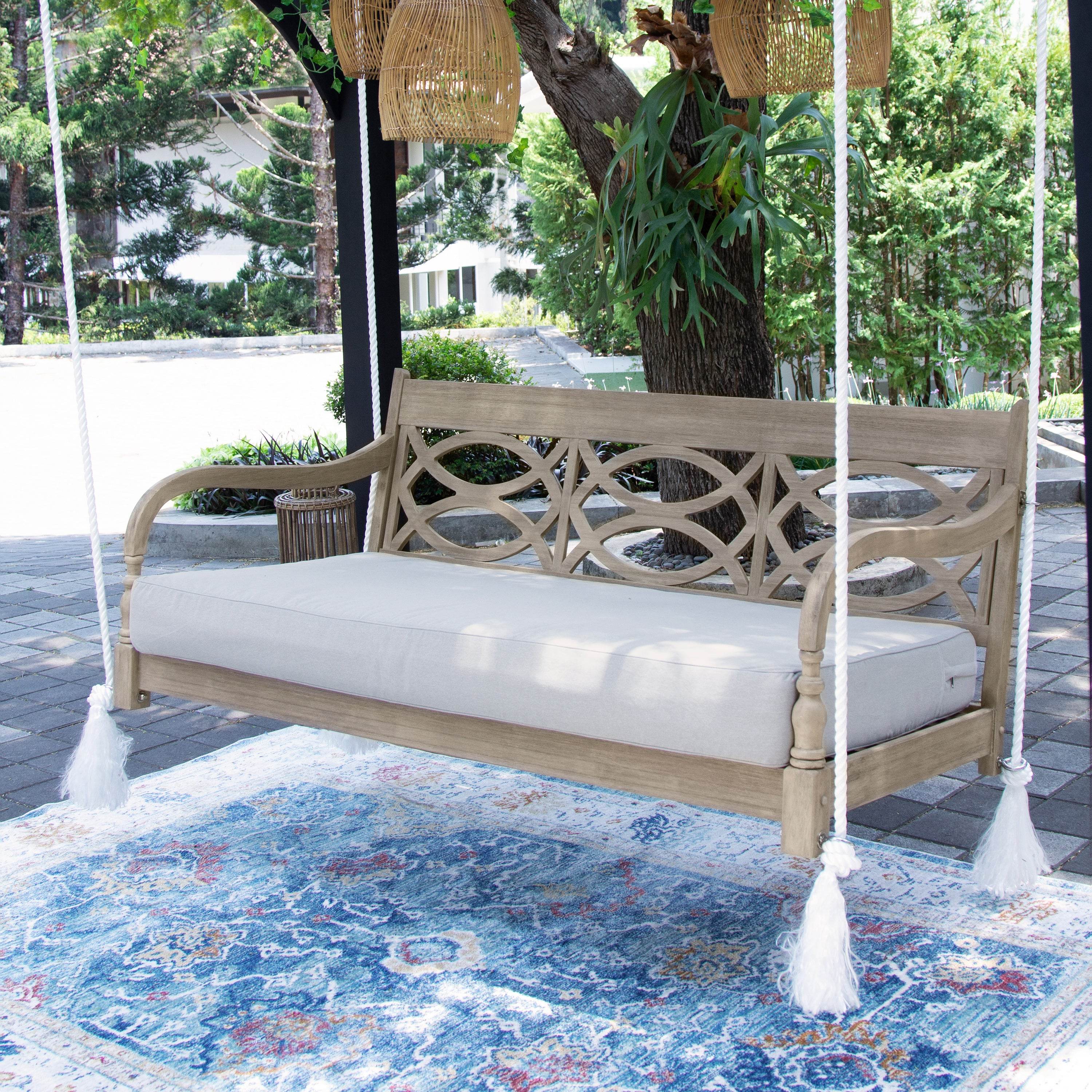 Renley Mahogany Wood Lime Wash Outdoor Swing Daybed with Oyster Cushion - Image 6
