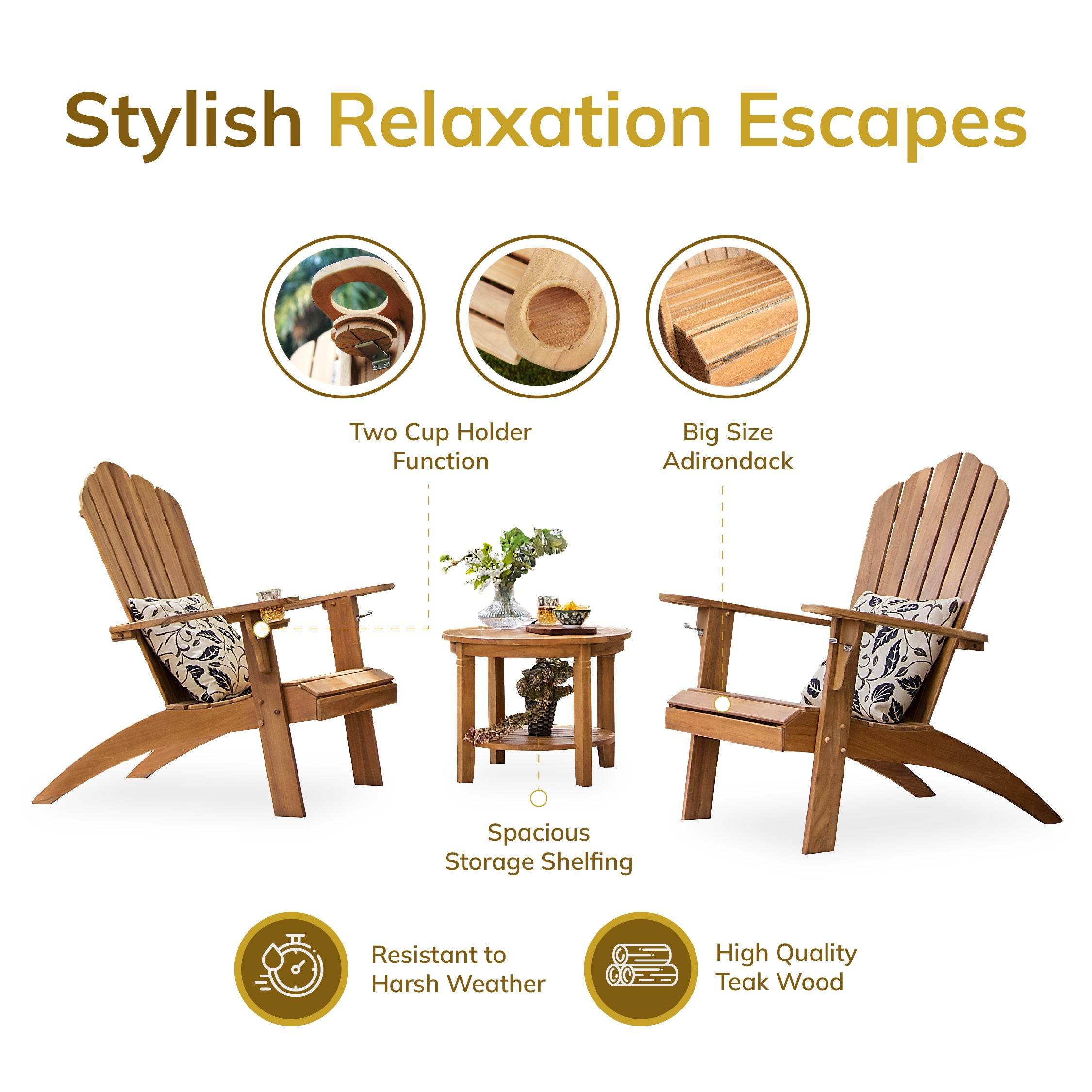 Richmond Teak Wood 3 Piece Patio Adirondack Conversation Set - Image 5