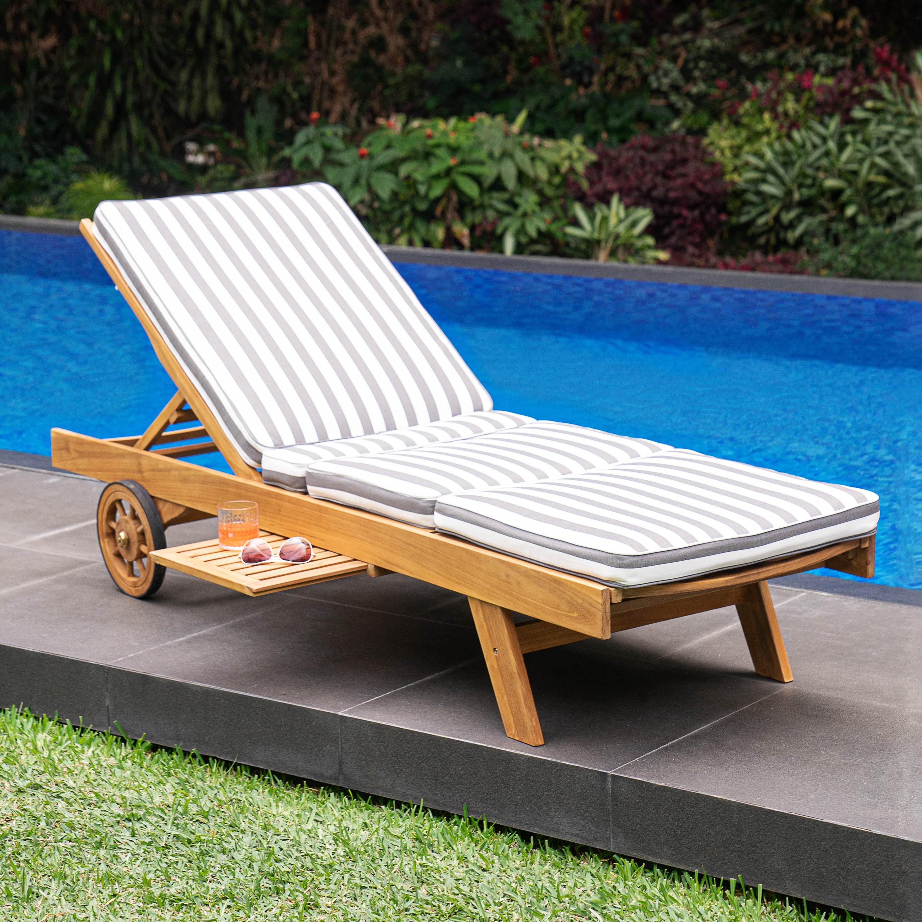 Richmond Teak Wood Outdoor Chaise Lounge with Charcoal Stripe Cushion - Image 3