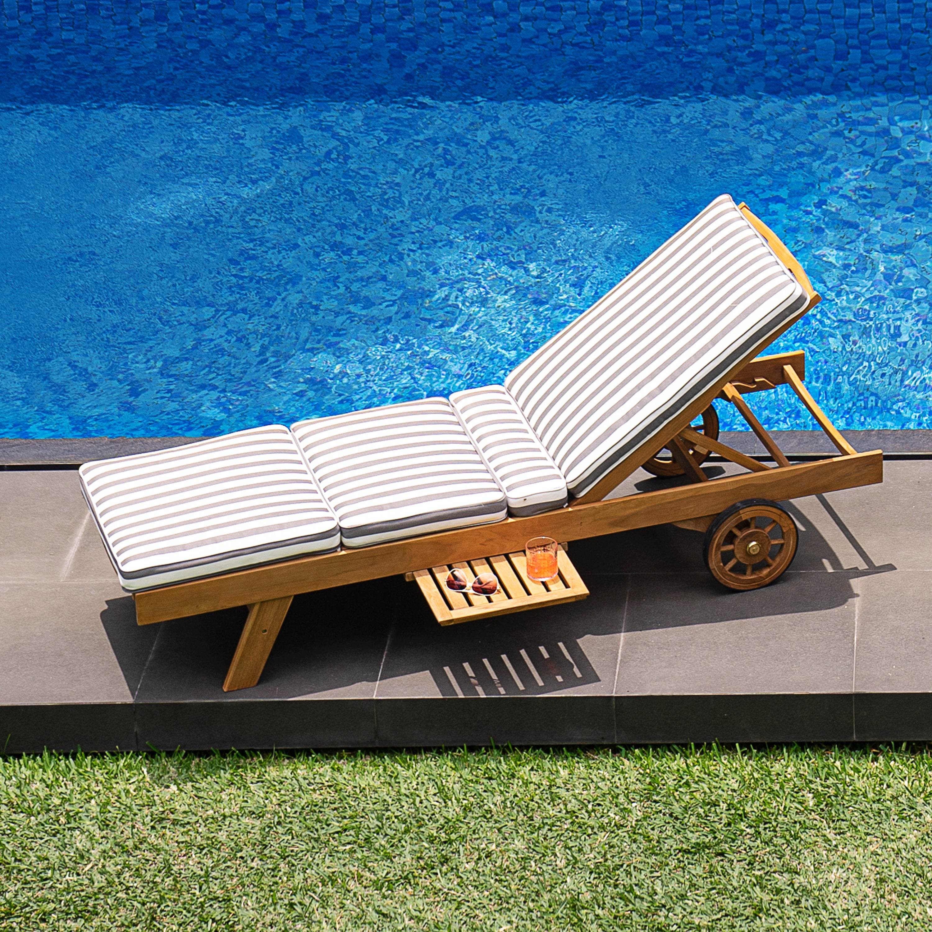 Richmond Teak Wood Outdoor Chaise Lounge with Charcoal Stripe Cushion - Image 4