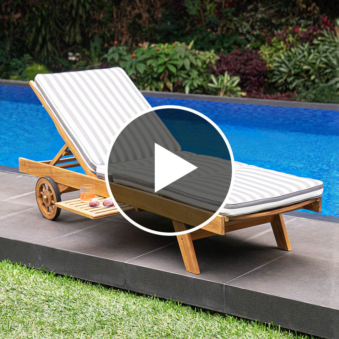 Richmond Teak Wood Outdoor Chaise Lounge with Charcoal Stripe Cushion - Image 5