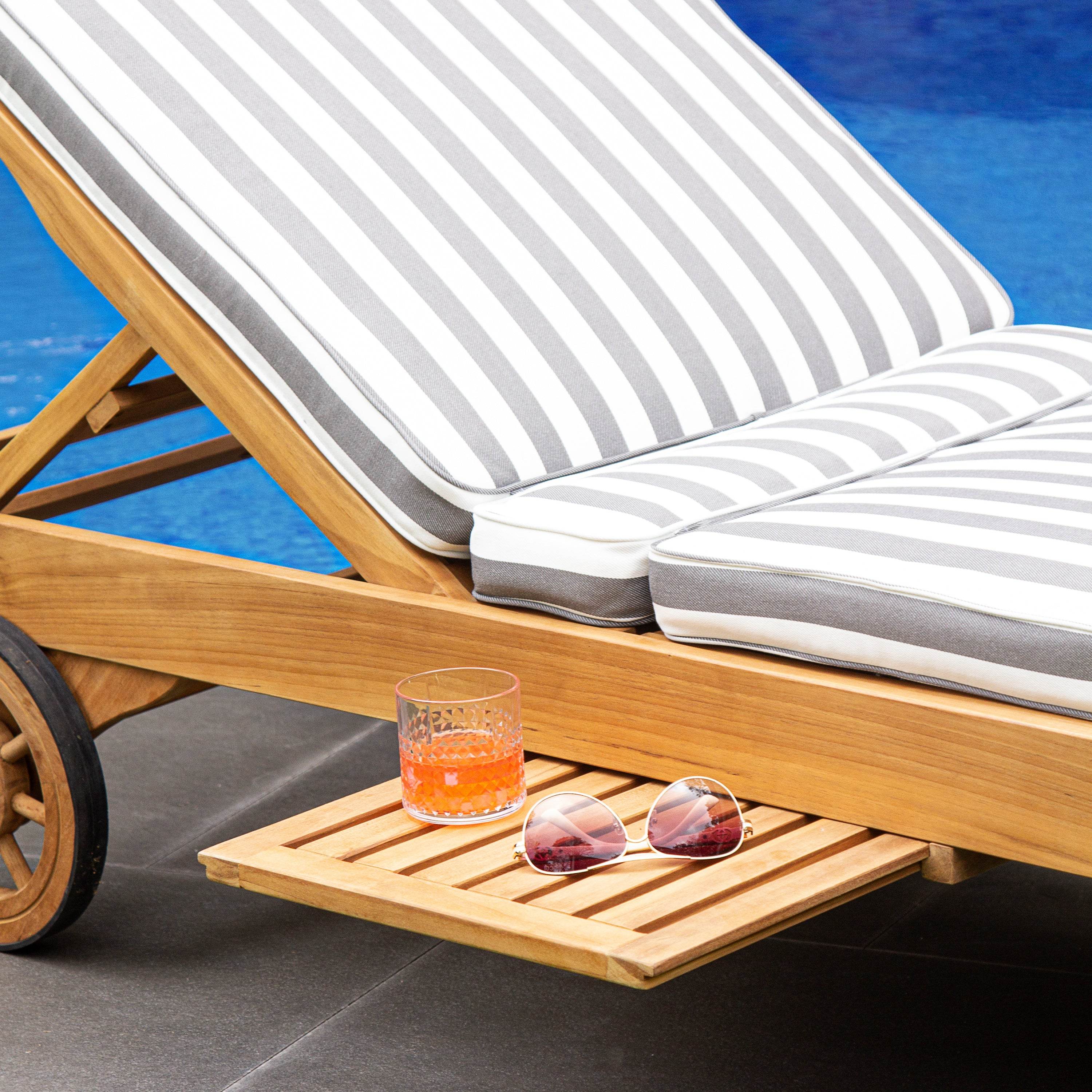 Richmond Teak Wood Outdoor Chaise Lounge with Charcoal Stripe Cushion - Image 6
