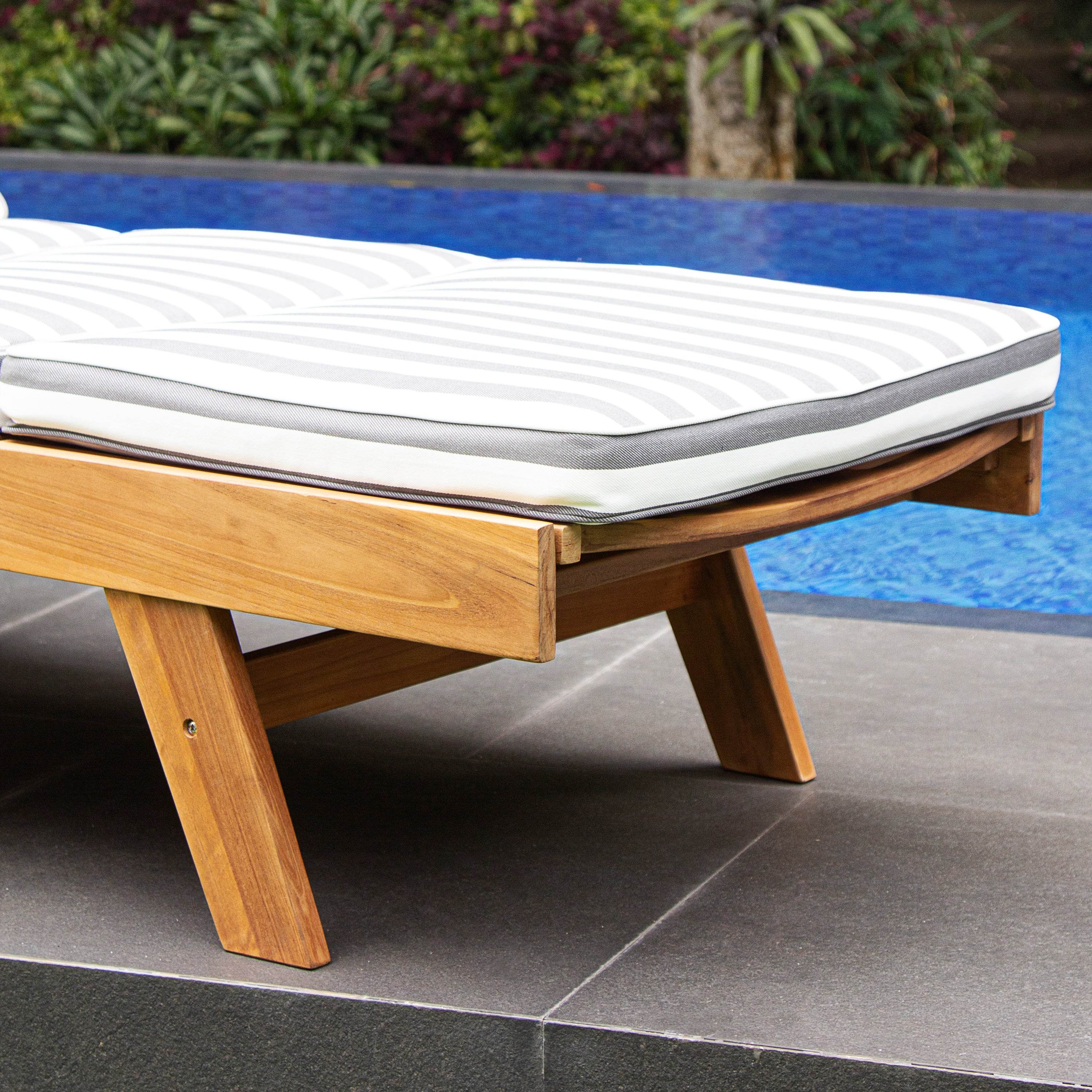 Richmond Teak Wood Outdoor Chaise Lounge with Charcoal Stripe Cushion - Image 7