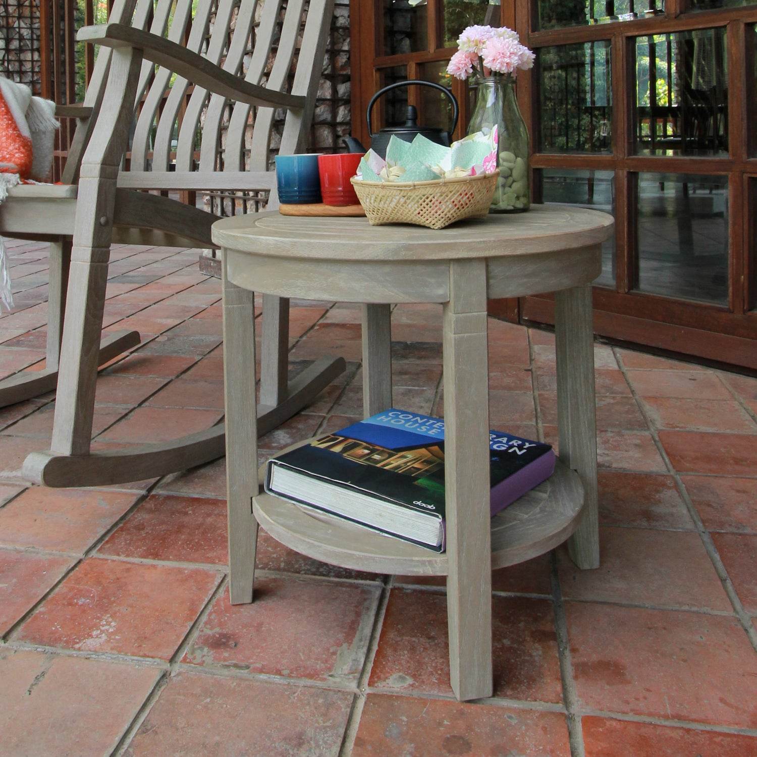 Richmond Weathered Teak Wood 3 Piece Patio Rocker Conversation Set - Image 8