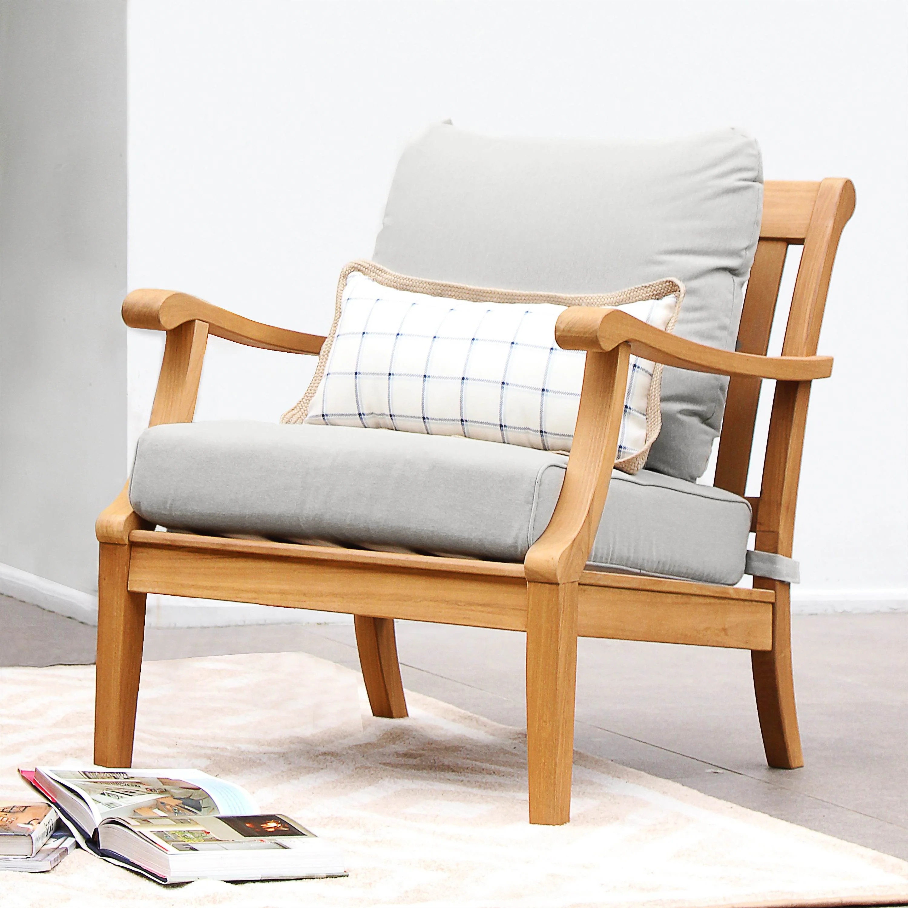 Robin Teak Wood 3 Piece Patio Conversation Set with Oyster Cushion - Image 6