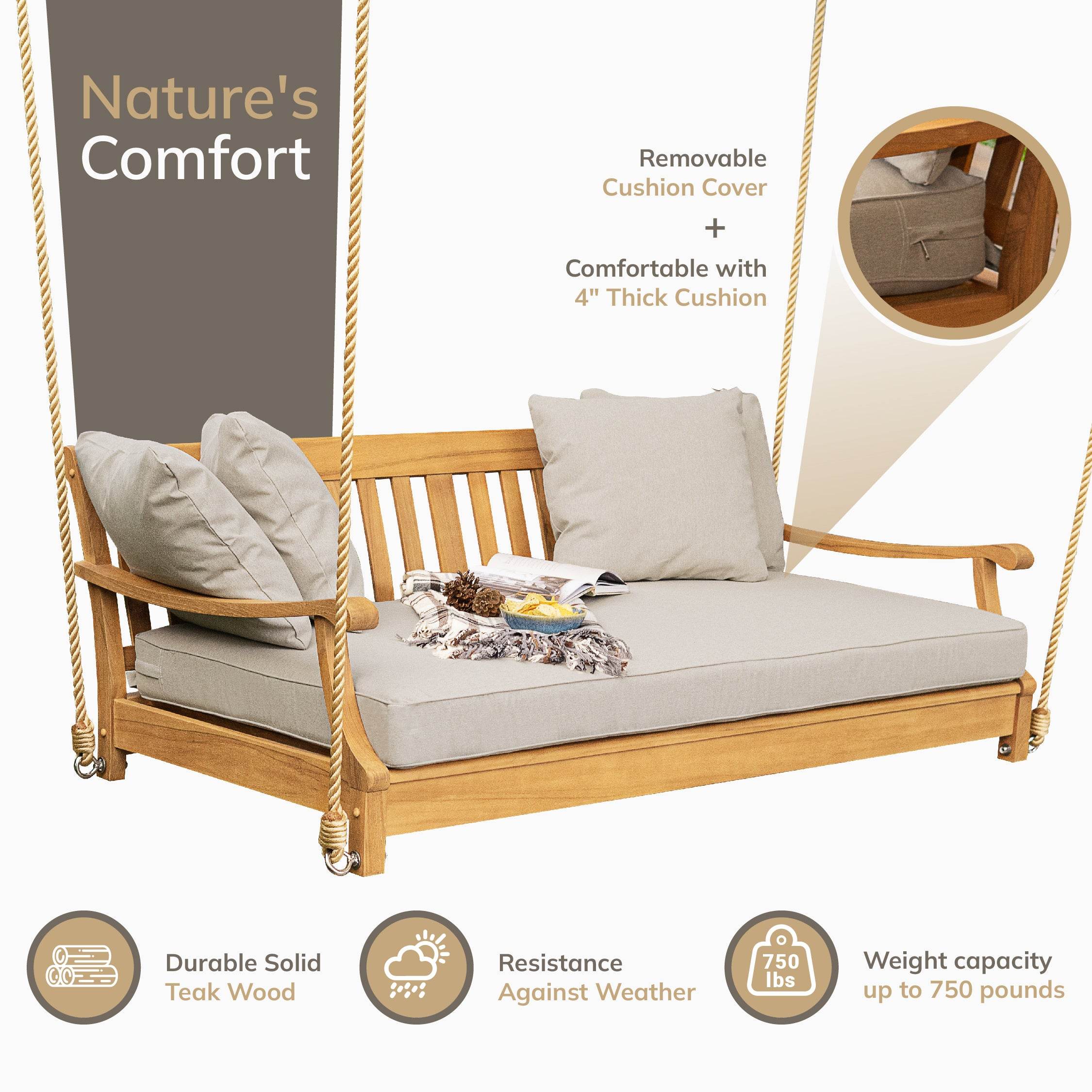 Robin Teak Wood Outdoor Swing Daybed with Oyster Cushion - Image 3