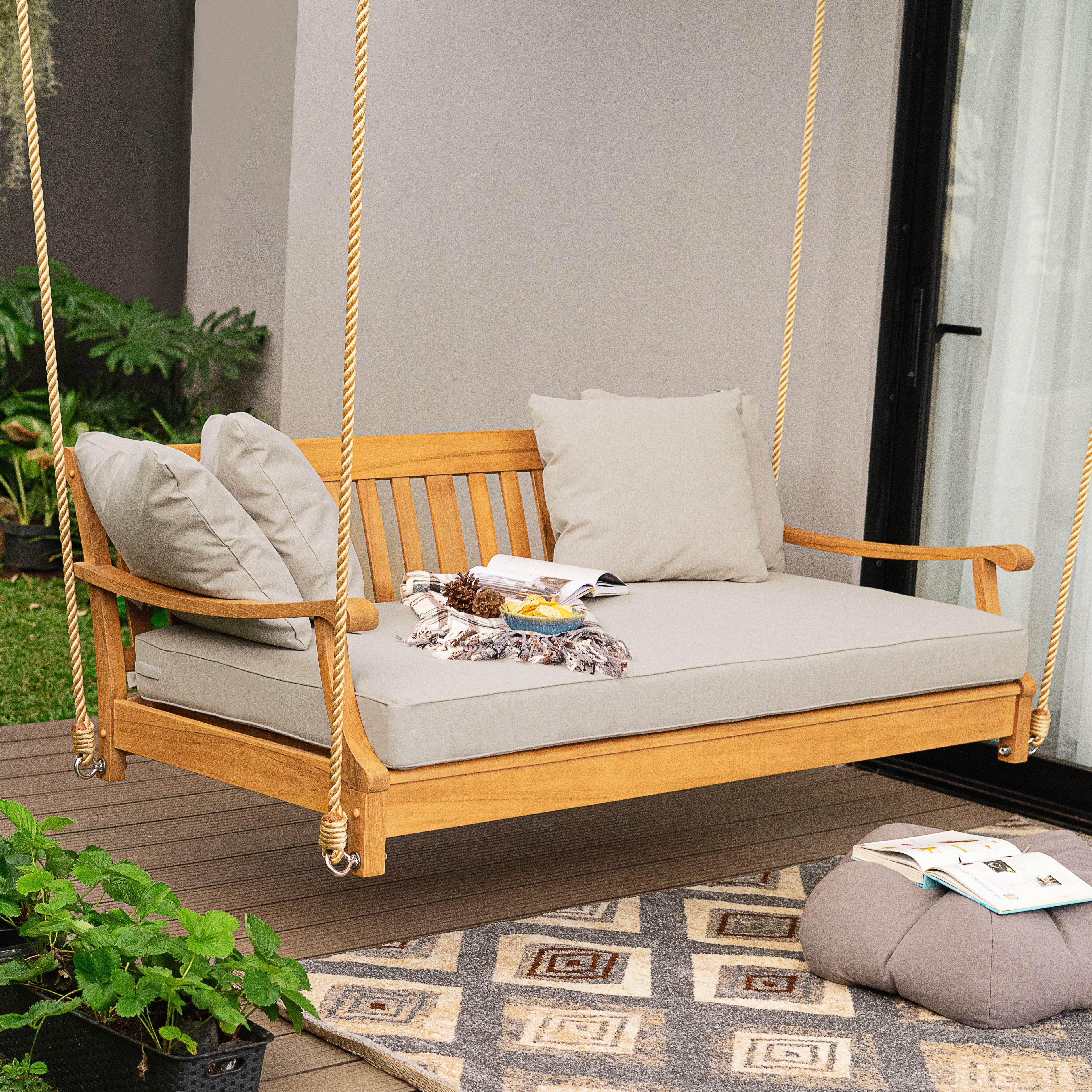 Robin Teak Wood Outdoor Swing Daybed with Oyster Cushion - Image 6