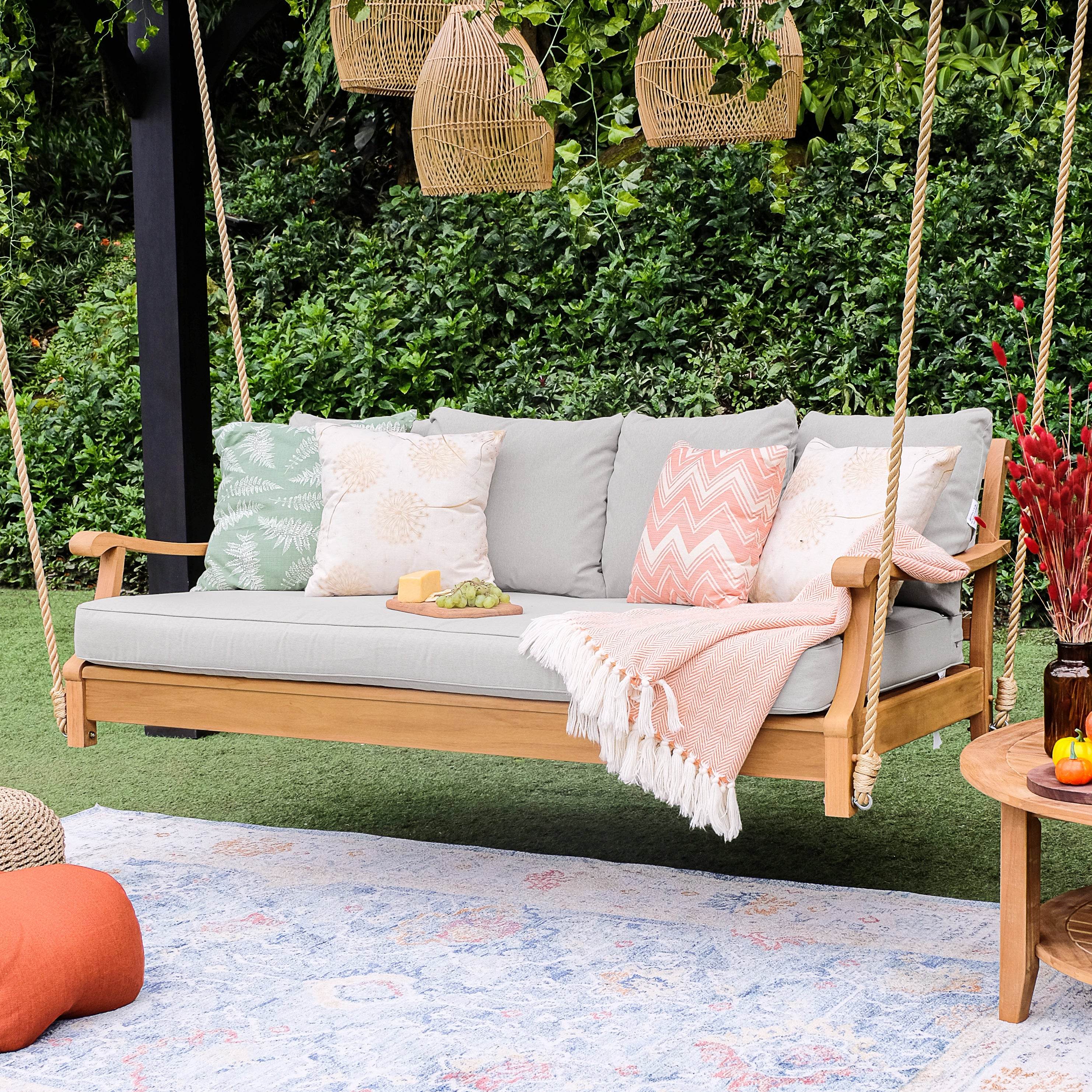 Robin Teak Wood Outdoor Swing Daybed with Oyster Cushion - Image 7