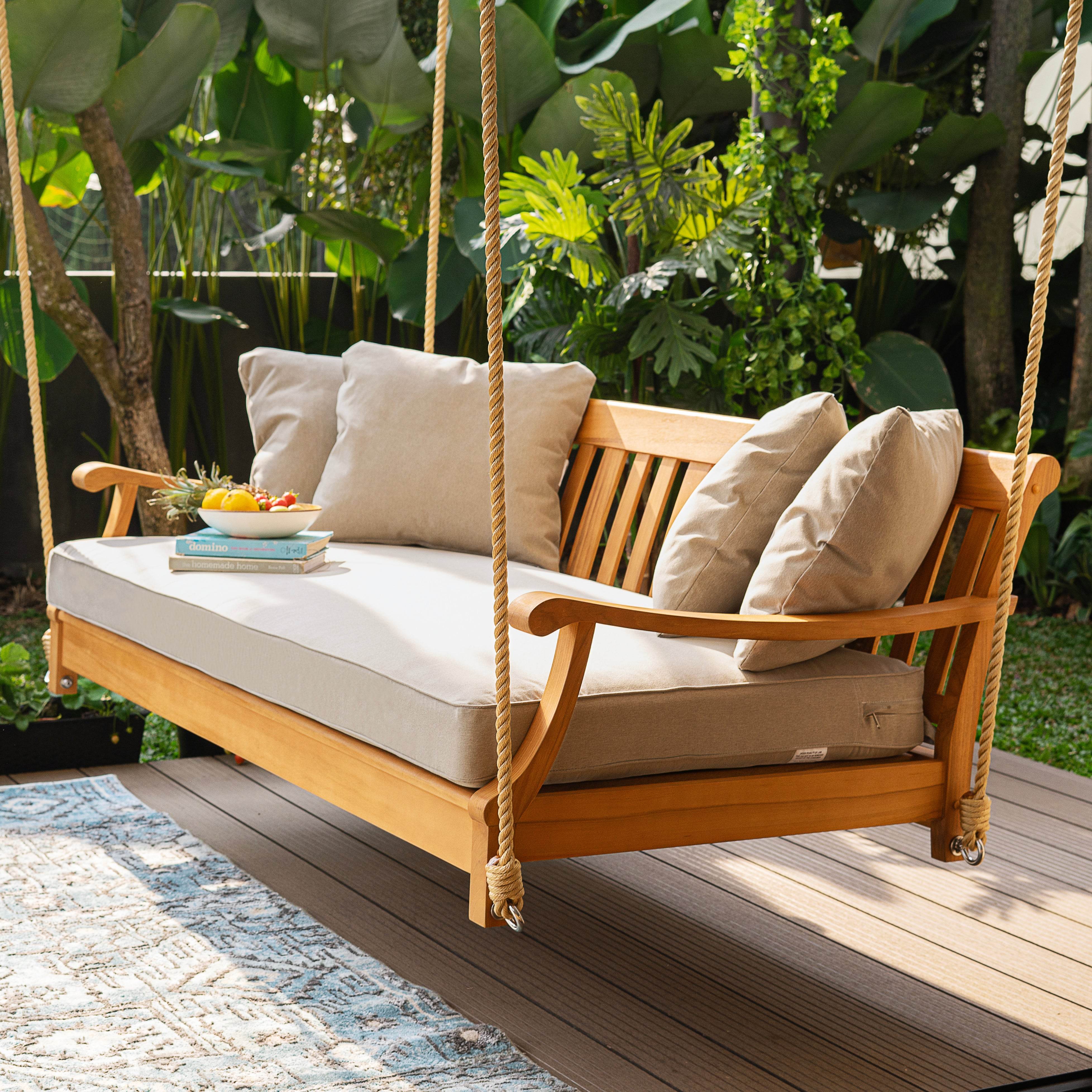 Robin Teak Wood Outdoor Swing Daybed with Oyster Cushion - Image 8