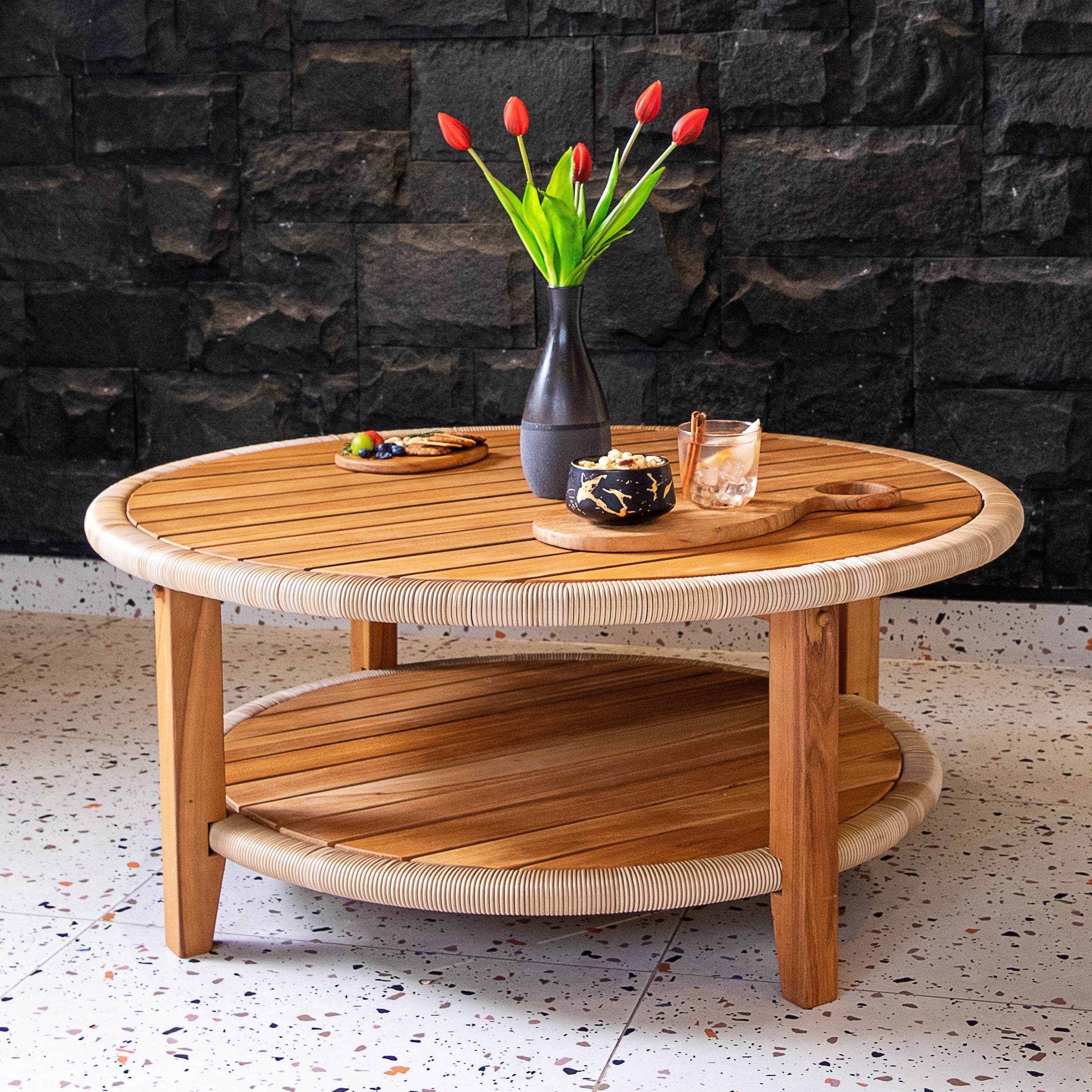 Seaside Teak Wood Outdoor Round Coffee Table - Image 4