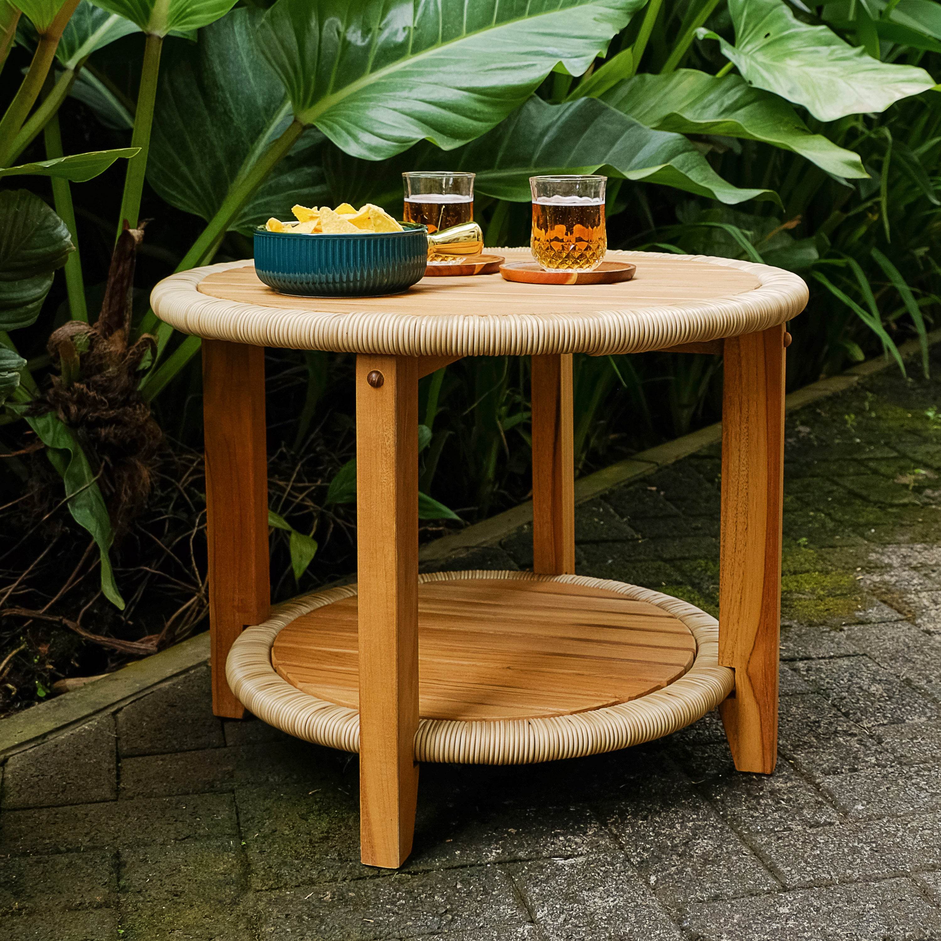 Seaside Teak Wood Outdoor Side Table with Shelf - Image 5